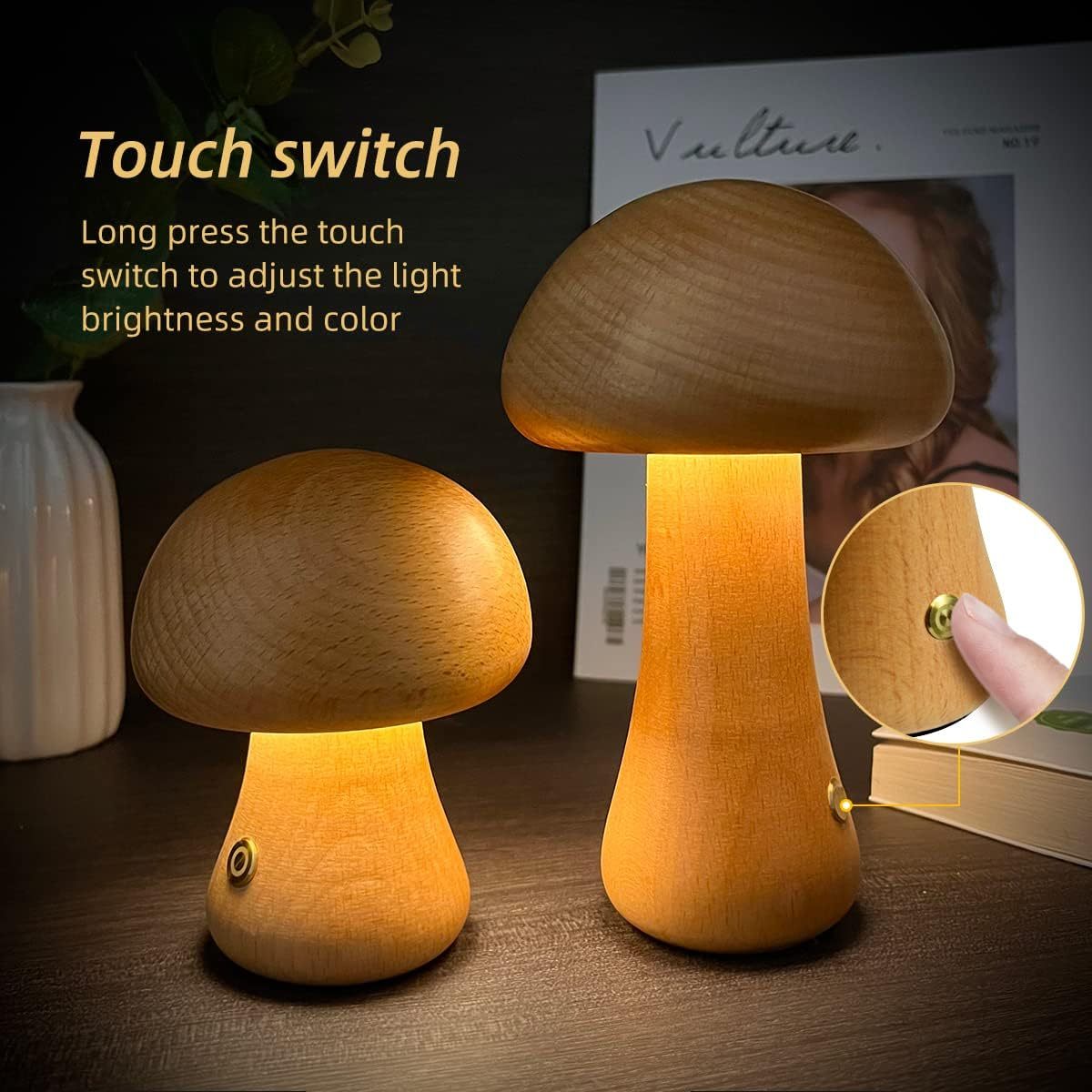 Lámpara LED de Mesa en Forma de Seta – Luz Nocturna de Madera con Toque