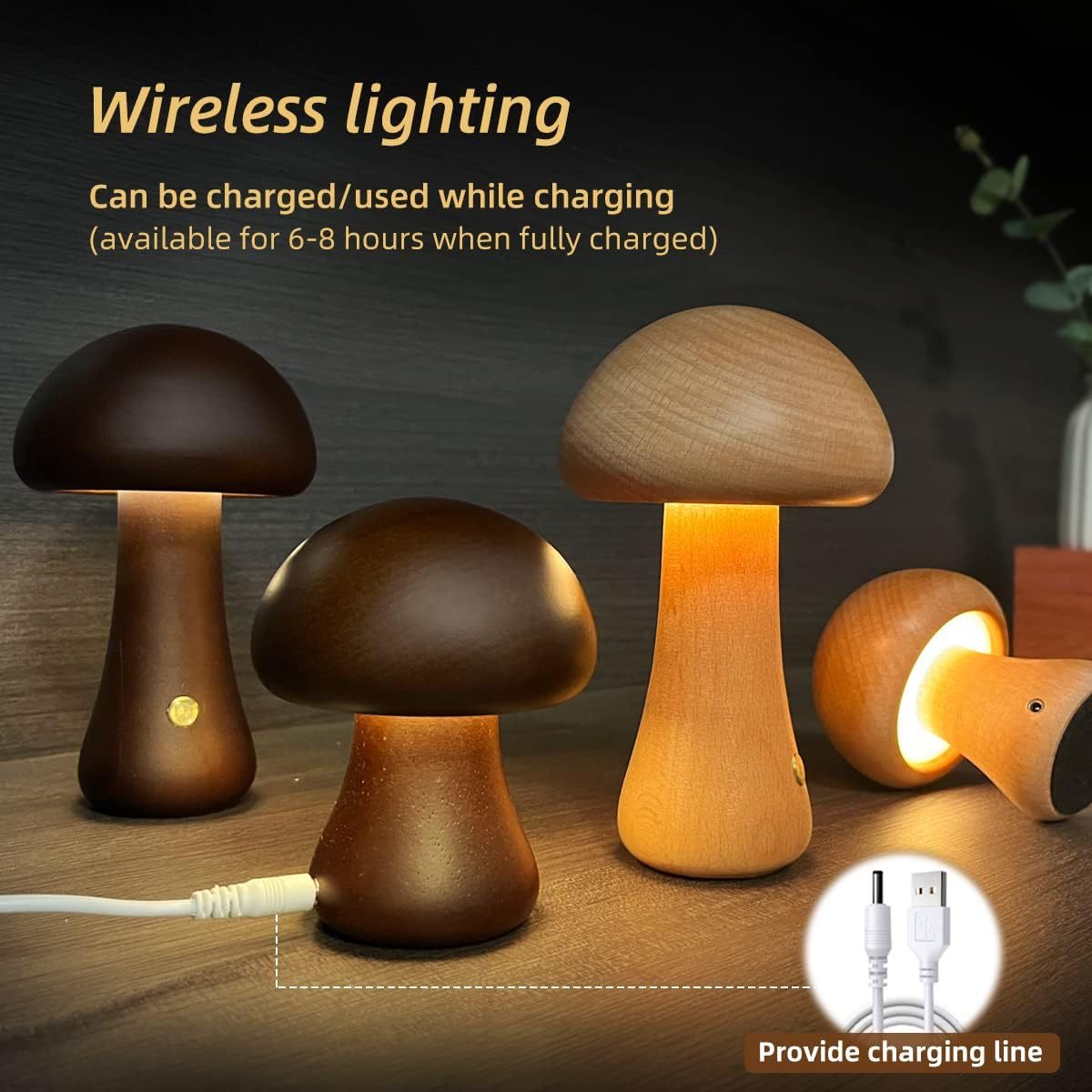 Lámpara LED de Mesa en Forma de Seta – Luz Nocturna de Madera con Toque