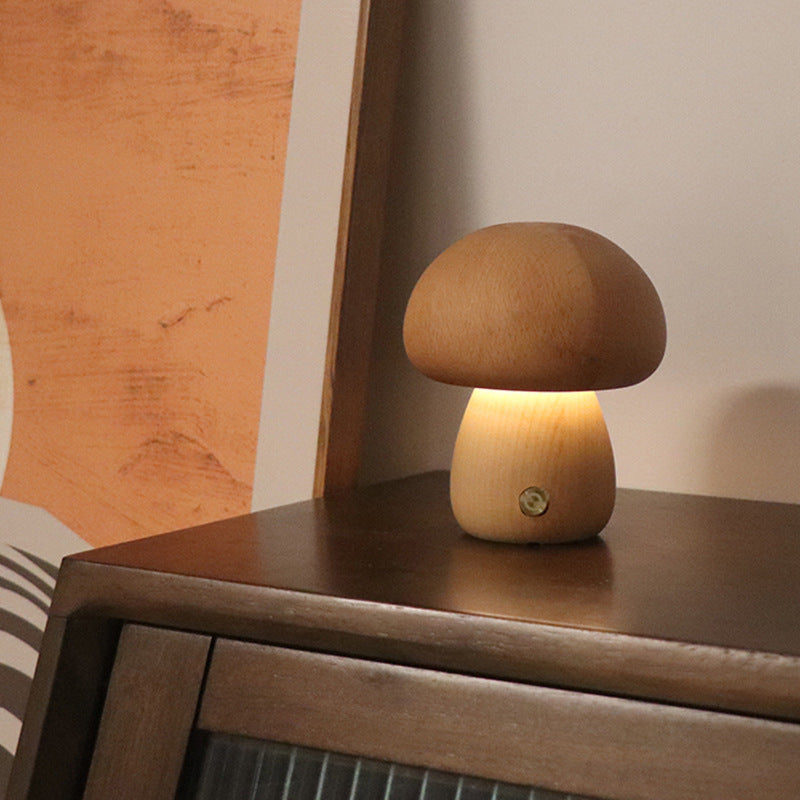 Lámpara LED de Mesa en Forma de Seta – Luz Nocturna de Madera con Toque
