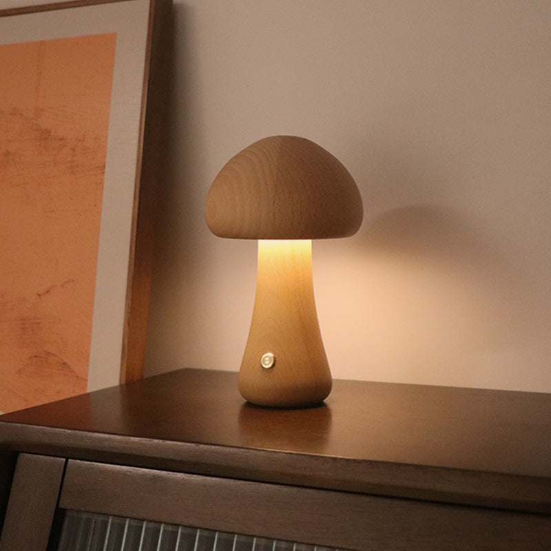 Lámpara LED de Mesa en Forma de Seta – Luz Nocturna de Madera con Toque