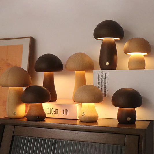 Lámpara LED de Mesa en Forma de Seta – Luz Nocturna de Madera con Toque